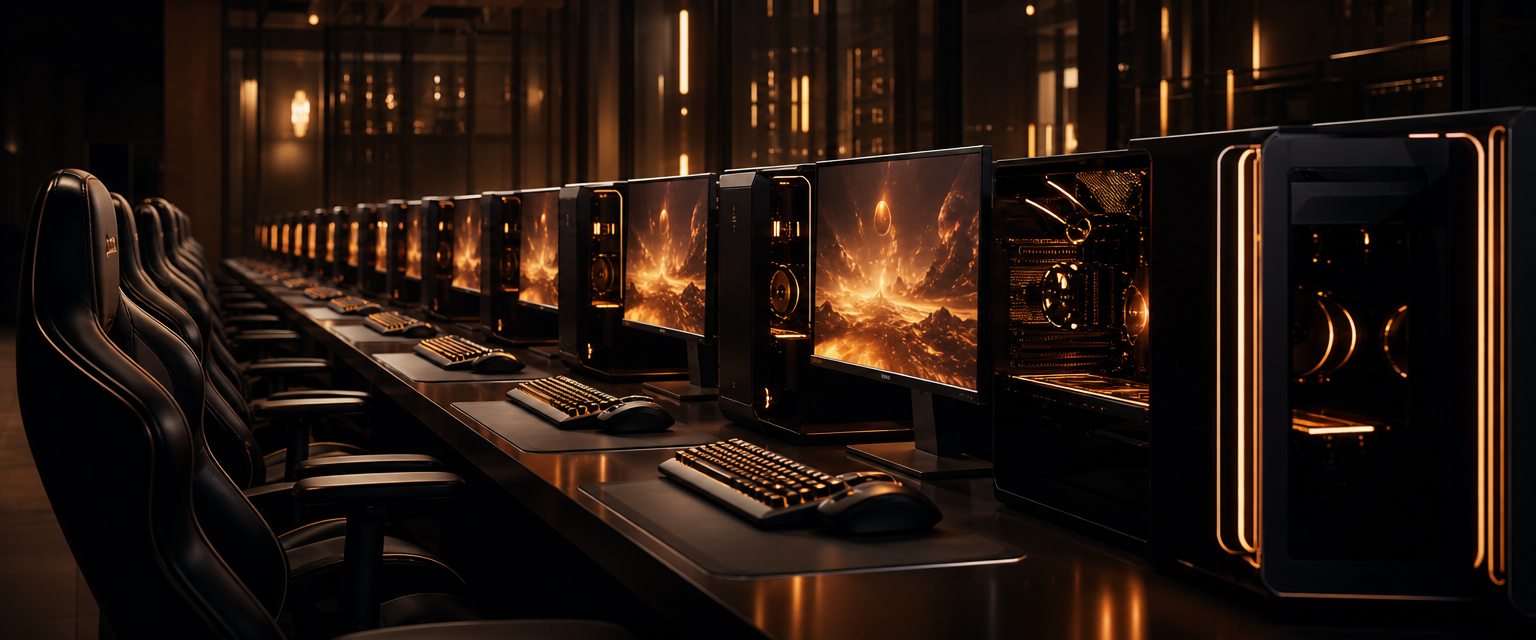 A row of identical gaming stations glowing in a darkened room, ready for an event